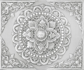 Texture Of silver metals flower carved vintage background. Ornament of silver plated vintage floral