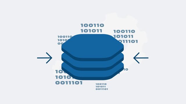 Data compression animation database storage with binary code streams, converging arrows. Data compression efficient data processing, storage optimization for digital systems motion graphic video
