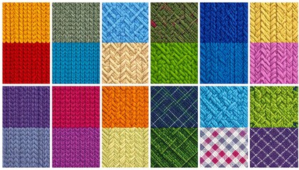 Sixteen squares displaying textures of knitted and woven fabric samples in various colors and designs
