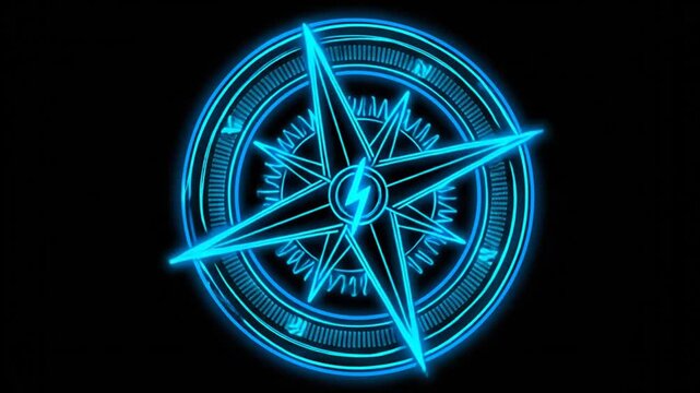 A vibrant, neon blue compass on a black backdrop, radiating with lines and geometric shapes