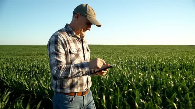 A farmer diligently checking his tablet while standing in a vast green field under a clear blue sky