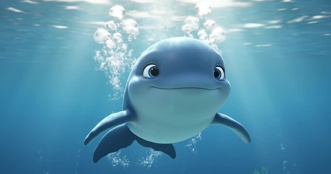 Playful cartoon dolphin swimming in clear blue water, surrounded by bubbles and marine life