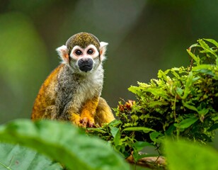 Obraz premium Small monkey with yellow fur peers from leafy branch against a blurred green forest backdrop