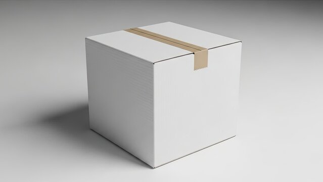 Isolated 3d illustration of an empty white cardboard box container and blank square paper package design on a contrasting black or white background