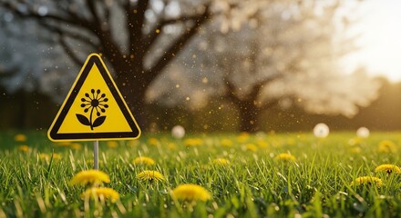 An allergy alert sign warning of pollen in a vibrant spring field, highlighting the seasonal allergies concept during golden hour.