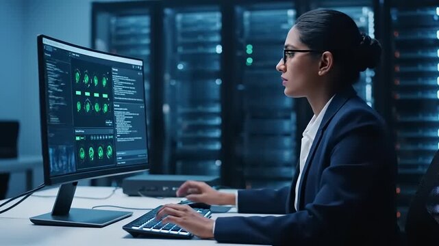 Focused woman in professional attire working on a computer in a server room environment