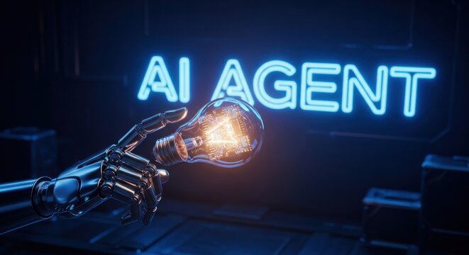 AI Agent Robot Hand Presenting a Digital Idea in a Neon Lab: The Future of Automation and Innovative Technology Solutions.