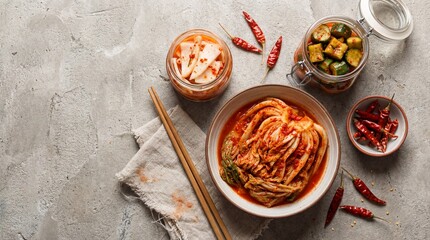 top view tasty kimchi bowls jars near chopsticks chili pepper concrete surface
