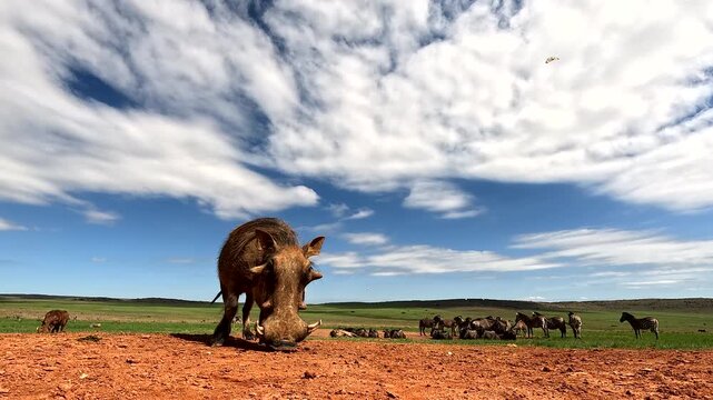 Low frontal POV of approaching male warthog in wilderness feeding on ground