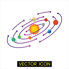 Obraz premium Colorful solar system vector illustration with sun and planets orbiting on purple paths.