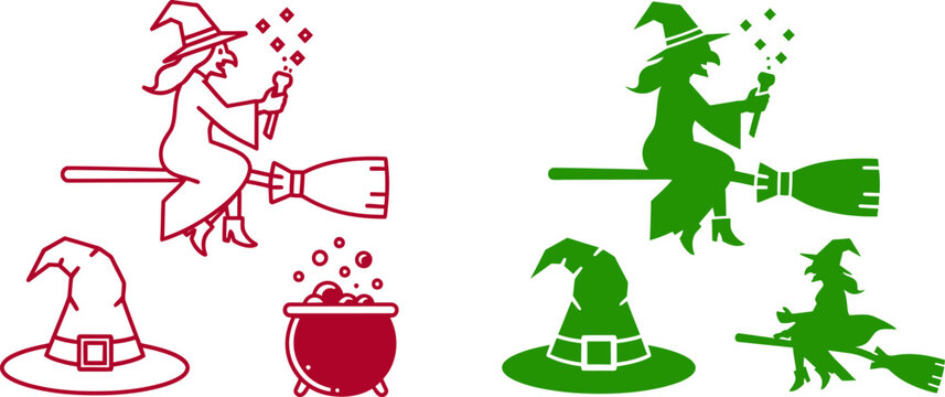 Green and red witch with brooms and cauldrons witches