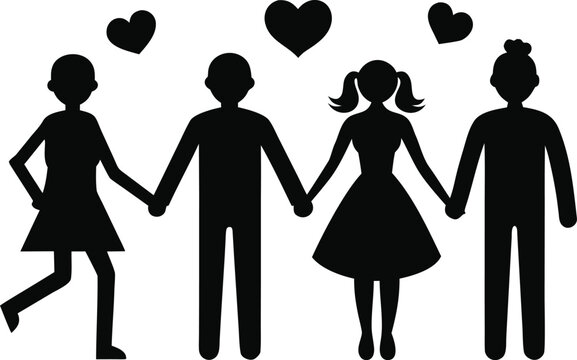 Silhouettes of a loving couple and children holding hands with hearts above