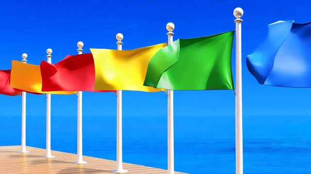 Row of tall flagpoles on sunny pier with windswept colorful flags snapping against deep blue sky. Realistic energetic welcoming tourism board advertising