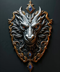 heraldic shield featuring a dragon, chrome, silver, and jewels