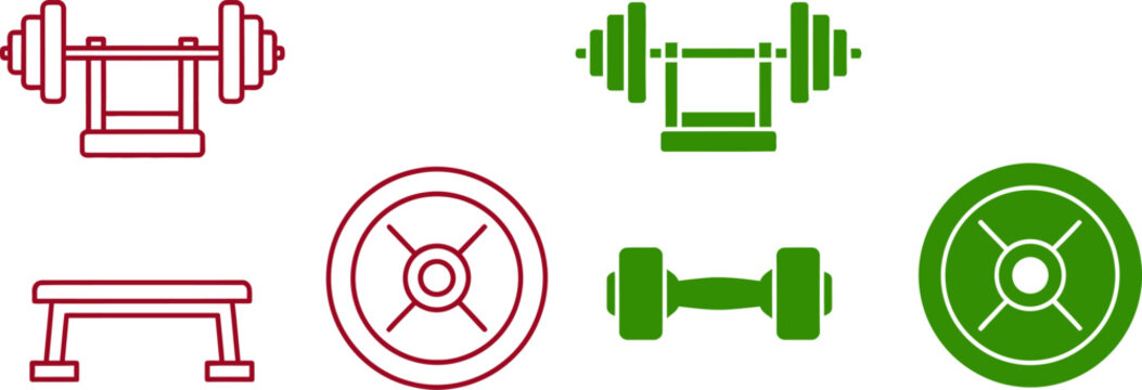 Red and green gym equipment including barbells dumbbells and weight plates fitness