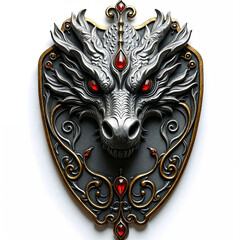 heraldic shield featuring a dragon, chrome, silver, and jewels