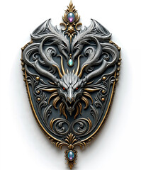 heraldic shield featuring a dragon, chrome, silver, and jewels