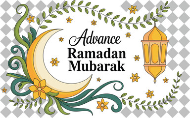 Advance ramadan mubarak a festive illustration featuring a crescent moon a glowing lantern and floral vines on a patterned background isolated on white background