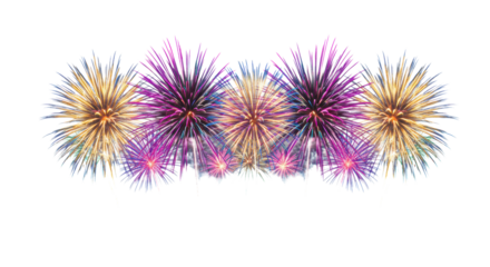detailed pyrotechnic display with synchronized gold, magenta, blue, and green explosions, showing fractal light trails on a transparent studio background, abstract celebration concept