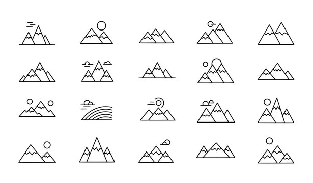 Minimal mountain outline icon set for travel, hiking, and outdoor UI design