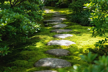 Obraz premium Moss-Covered Garden Path with Stepping Stones