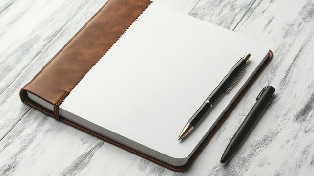 Notebook with Pens on Marble Surface.