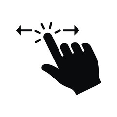 Fototapeta premium Black solid vector icon of a hand swiping. Features a finger silhouette with a curved arrow, ideal for representing screen rotation, sliding gestures, app navigation, and digital interactions.