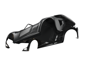 High-resolution isolated dark grey carbon fibre sports car body shell, sleek aerodynamic ultra lightweight composite structure. PNG transparent background for design, engineering, and professional