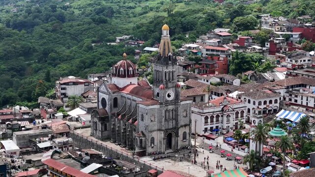Cathedral of Cuetzalan made of stone, Mexico. Aerial view