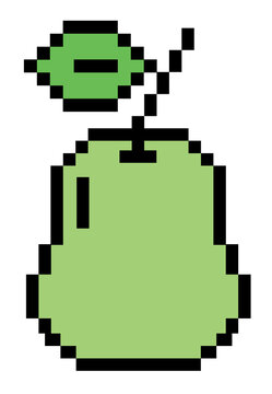 Pixel art illustration of green pear for decoration, food icon, grocery shopping, cartoon, supermarket, print, nature, garden, healthy ingredients, cook book, smoothie, organic fruit, summer vibe