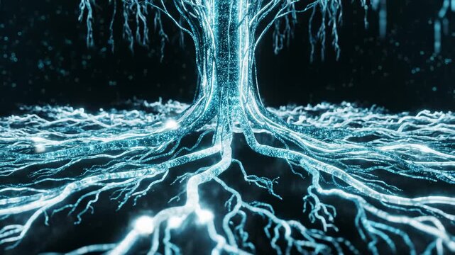 Abstract Glowing Tree Root System Spreading Across Dark Ground