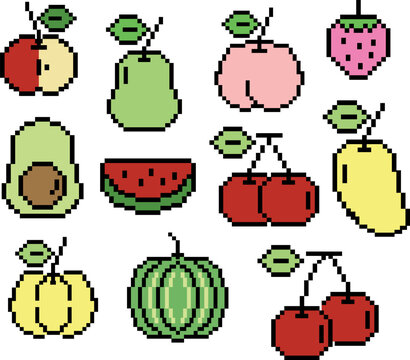 Pixel art fruit and vegetable set vectors of apple, pear, peach, strawberry, avocado, watermelon, cherry, mango, yellow pumpkin for decoration, food icon, grocery shopping, cartoon, supermarket, print