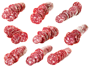 Set of Saucisson Sec slices isolated on white transparent background. Concept of fresh deli meat and gourmet food.