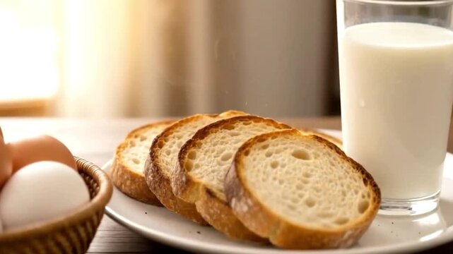 A beautifully composed close-up shot of essential breakfast items, bathed in soft, warm natural light, suggesting a tranquil morning. The scene features a rustic wicker basket brimming with fresh eggs