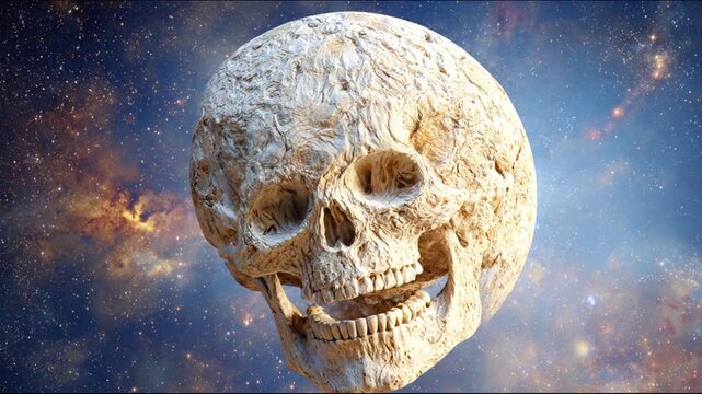 A celestial skull floats in the cosmic vastness, textured surface against starry background