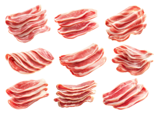 Set of Slices of raw bacon Pancetta with fat marbling, neatly stacked, isolated on white transparent background. Concept of cooking and food preparation
