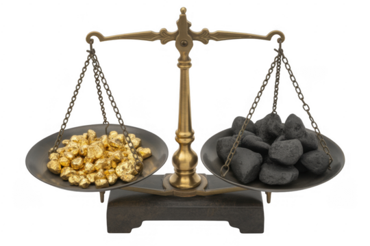 Gold nuggets and coal on a balance scale isolated on a transparent background - Powered by Adobe