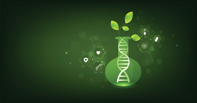 Biology medical and technology concept. Green plant leaves growing from DNA molecule helix in test tube on green background.