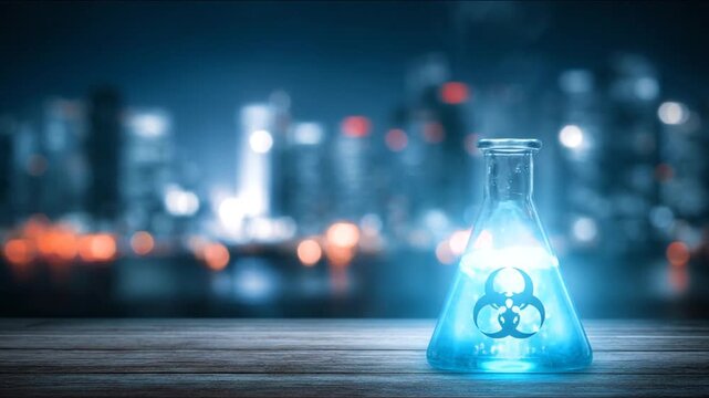 Glowing flask with biohazard symbol, blue liquid, smoke, city lights in background
