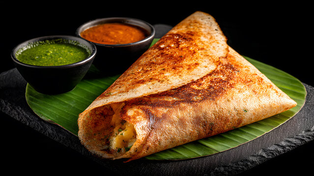 Delicious dosa with savory fillings and spicy chutneys on banana leaf