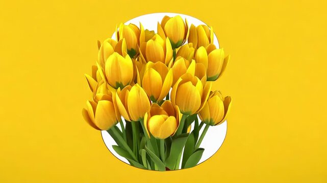 Minimalist animation: number 8 silhouette with growing yellow tulips on bright yellow background. Elegant conceptual spring greeting card