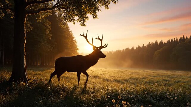 A wild stag with large antlers stands as a silhouette against a mountain forest at sunset, creating a majestic nature illustration of a buck in the grass