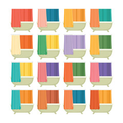 Bathroom bathtub and shower curtain flat vector illustration collection