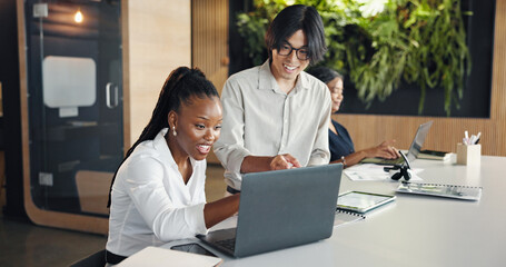 Excited, smile and business people on laptop with success for project, article and teamwork....