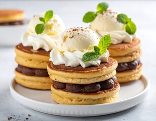 Stacked pancakes with chocolate filling, whipped cream, ice cream, and mint on a white plate, styled brightly