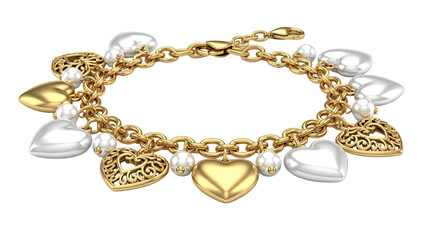Gold Charm Bracelet with Heart and Pearl Dangles