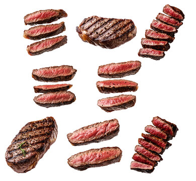Medium rare sirloin beef steak slices showcasing juicy interiors isolated on white transparent background. Concept of steakhouse cuisine and cooked meat