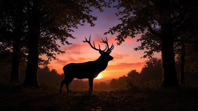 A wild black buck stag with large antlers stands as a majestic wildlife silhouette against a nature sunset in this vector illustration of a deer