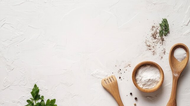 Salt and Herbs on White Background.