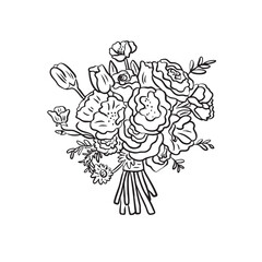 Tulip and Rose line art bouquet line art. Hand drawn bridal bouquet line art vector